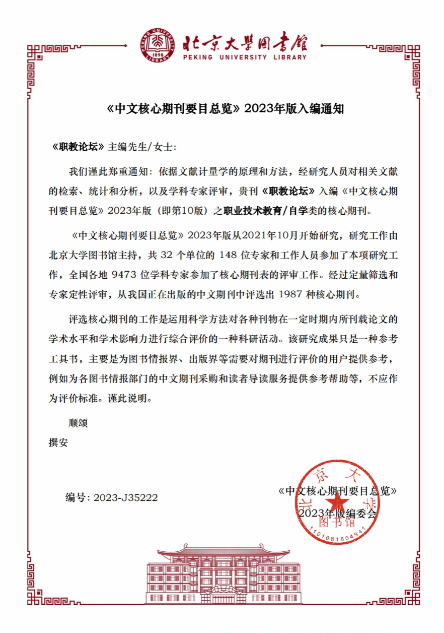 《职教论坛》入编2023版北大核心期刊证书（2023版）